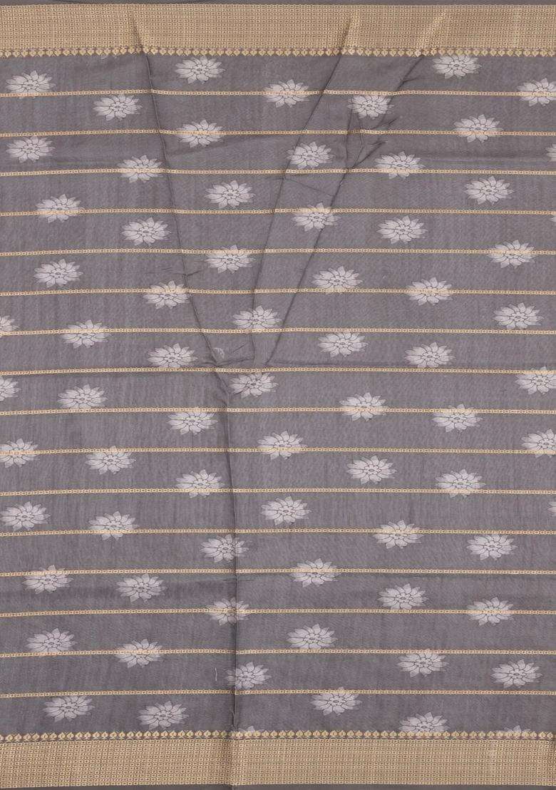 Cream Printed Synthetic Dupion Art Silk Saree With Zari Stripes Grey Border For Women - Indya