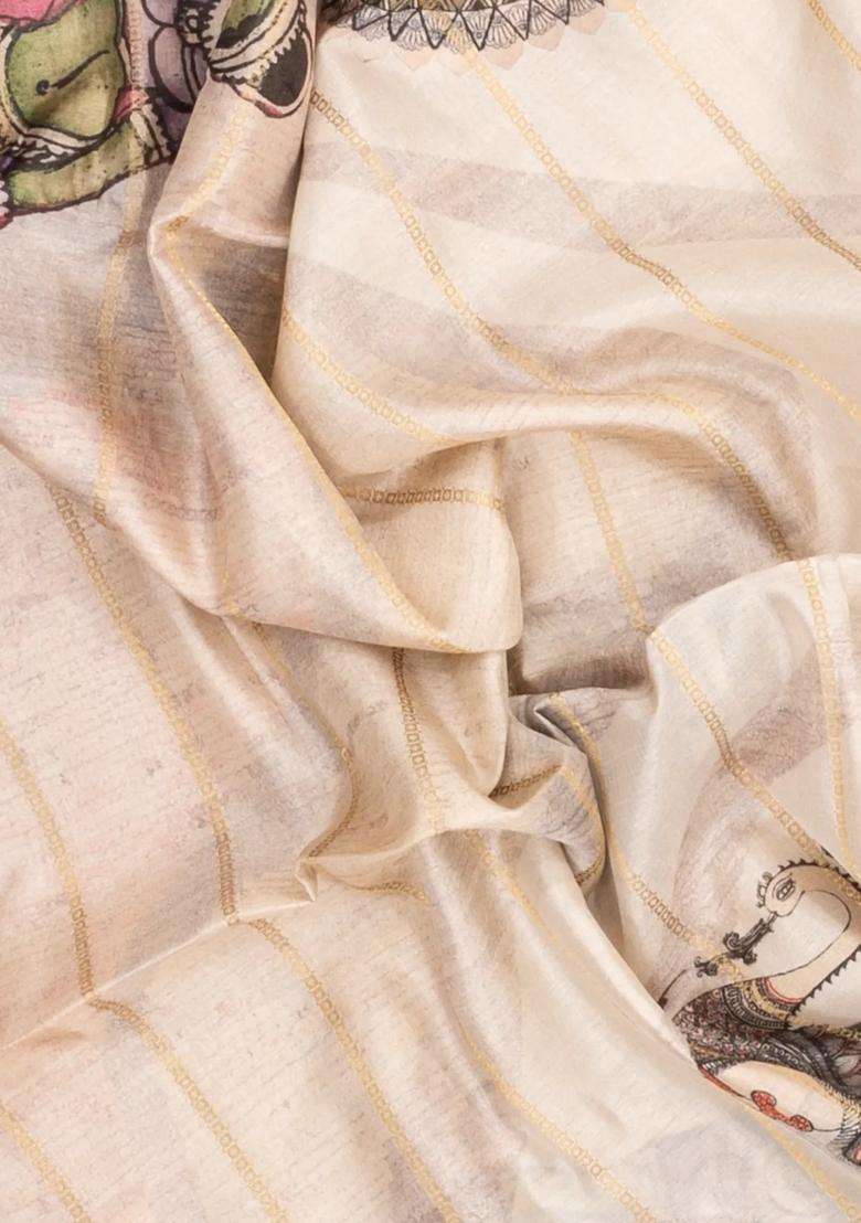 Cream Printed Synthetic Dupion Art Silk Saree With Zari Stripes Brown Border For Women - Indya
