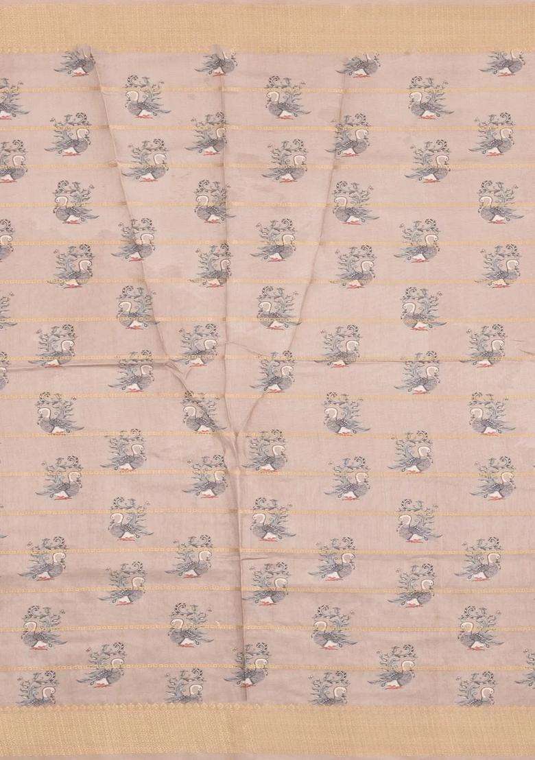 Cream Printed Synthetic Dupion Art Silk Saree With Zari Stripes Brown Border For Women - Indya
