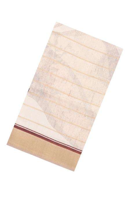 Cream Printed Synthetic Dupion Art Silk Saree With Zari Stripes Brown Border For Women