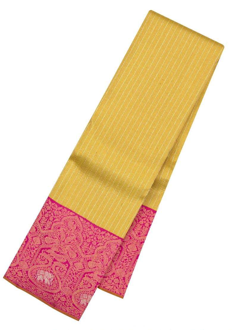 Mustard Handloom Korvai Kanchipuram Silk Saree With Zari Stripes With Korvai And Temple Border Design For Women - Indya