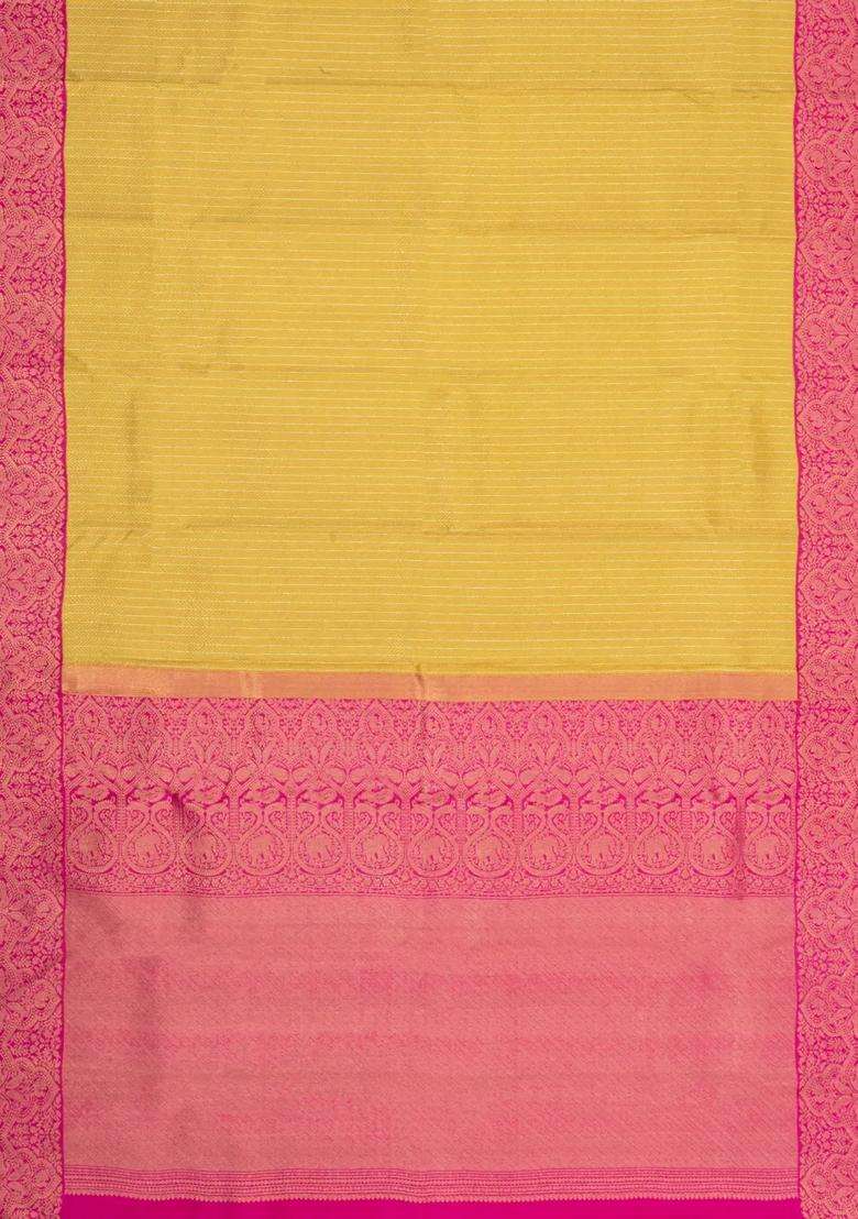 Mustard Handloom Korvai Kanchipuram Silk Saree With Zari Stripes With Korvai And Temple Border Design For Women - Indya