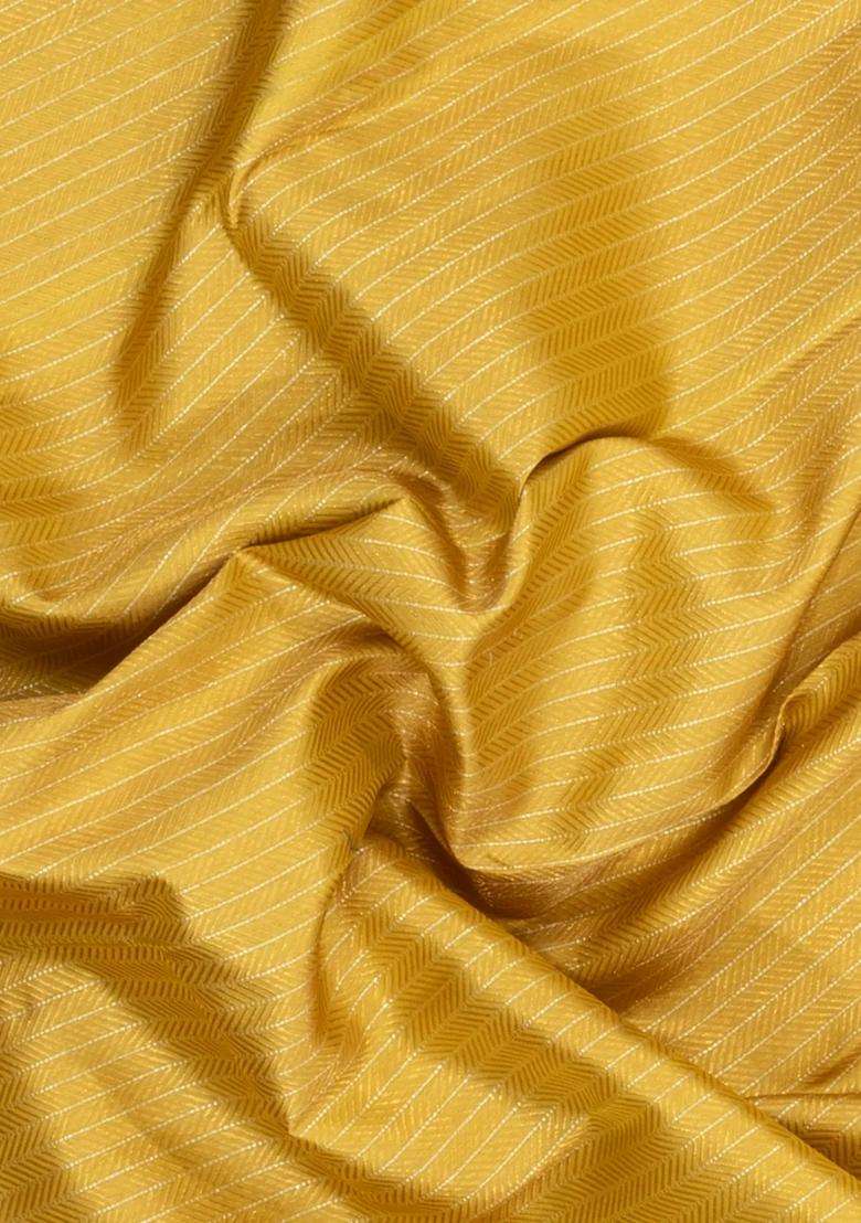 Mustard Handloom Korvai Kanchipuram Silk Saree With Zari Stripes With Korvai And Temple Border Design For Women - Indya