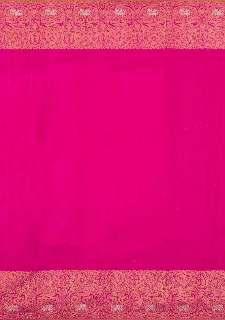 Mustard Handloom Korvai Kanchipuram Silk Saree With Zari Stripes With Korvai And Temple Border Design For Women - Indya
