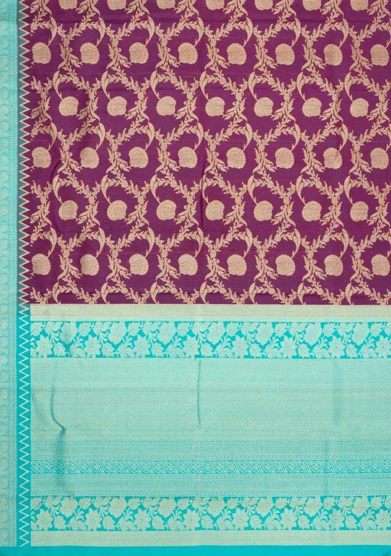 Magenta Handloom Korvai Kanchipuram Silk Saree With Floral Vine Motifs With Korvai And Temple Border Design For Women - Indya
