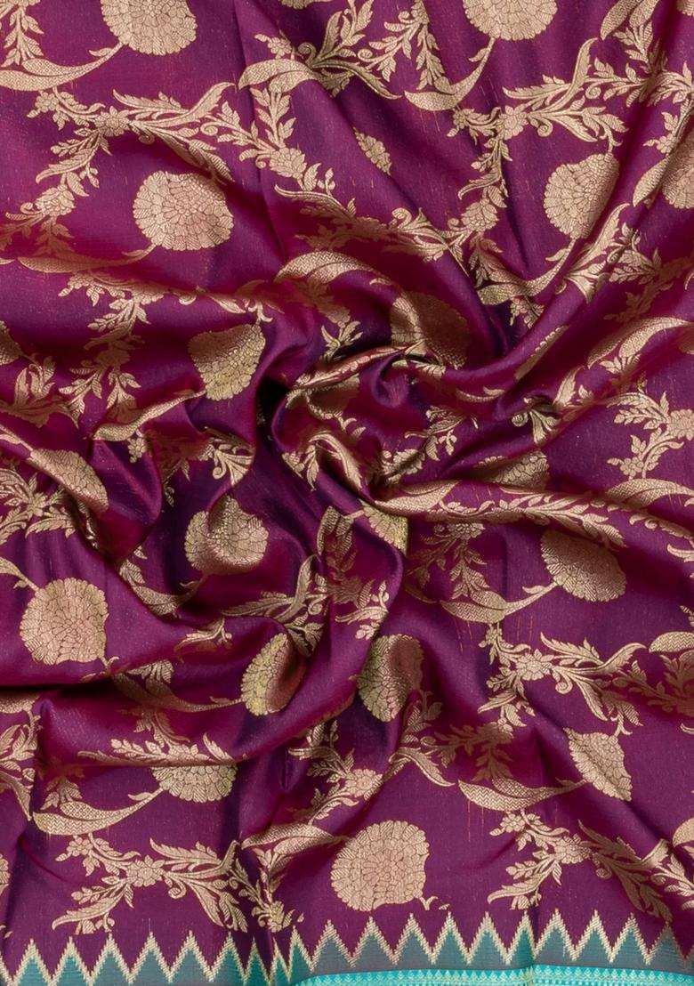 Magenta Handloom Korvai Kanchipuram Silk Saree With Floral Vine Motifs With Korvai And Temple Border Design For Women - Indya