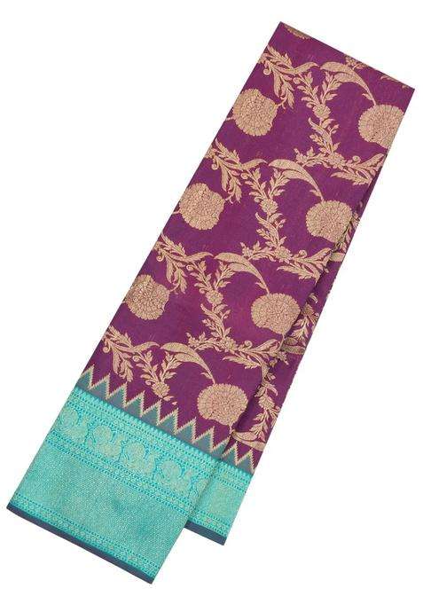 Magenta Handloom Korvai Kanchipuram Silk Saree With Floral Vine Motifs With Korvai And Temple Border Design For Women