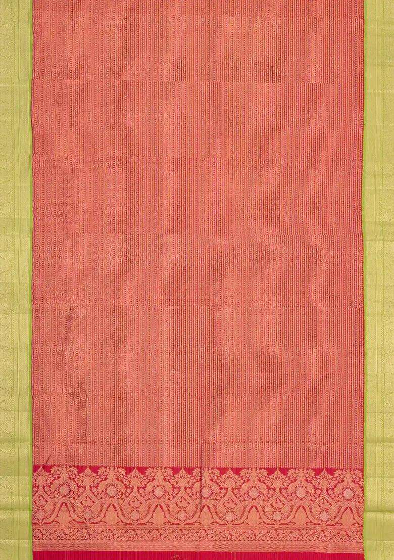 Red Handloom Korvai Kanchipuram Silk Saree With Zari Stripe Motifs With Korvai And Temple Border Design For Women - Indya