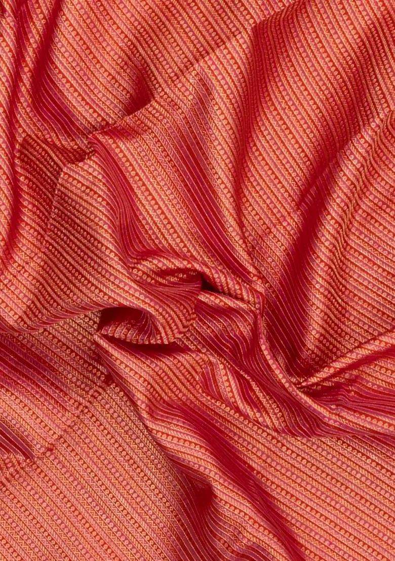 Red Handloom Korvai Kanchipuram Silk Saree With Zari Stripe Motifs With Korvai And Temple Border Design For Women - Indya