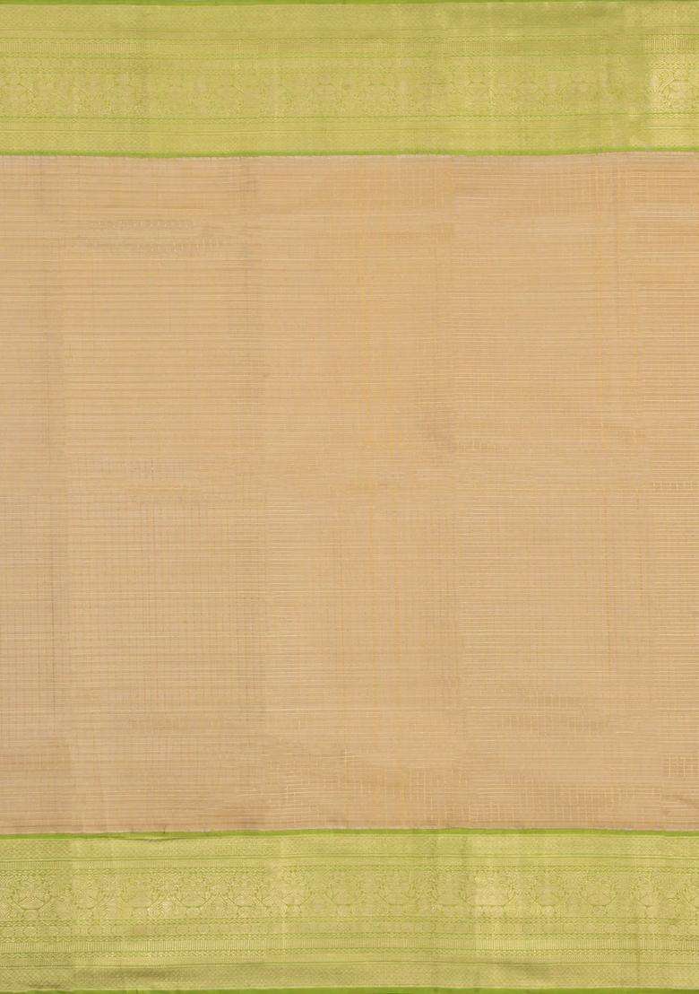 Red Handloom Korvai Kanchipuram Silk Saree With Zari Stripe Motifs With Korvai And Temple Border Design For Women - Indya