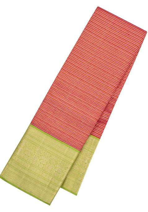 Red Handloom Korvai Kanchipuram Silk Saree With Zari Stripe Motifs With Korvai And Temple Border Design For Women