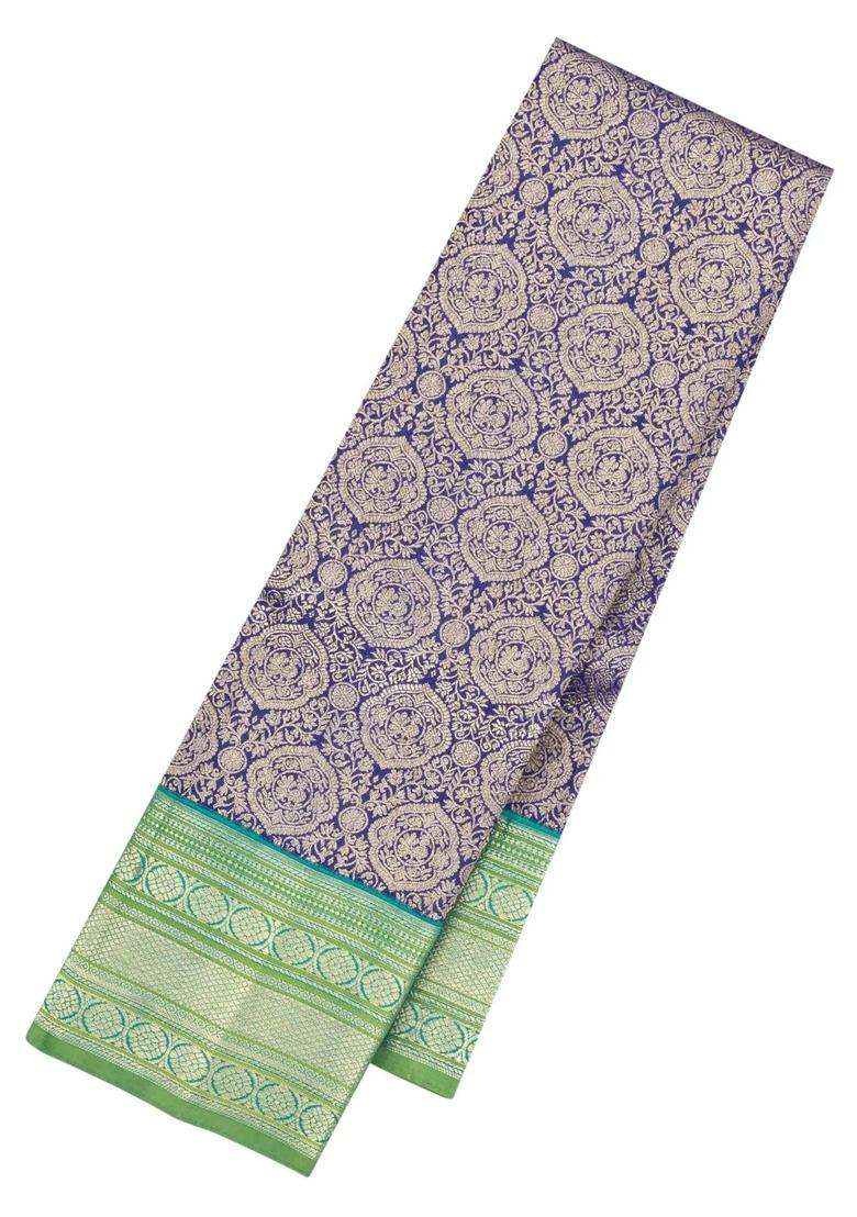 Blue Handloom Korvai Kanchipuram Silk Saree With Floral Zari Motifs With Korvai And Temple Border Design For Women - Indya