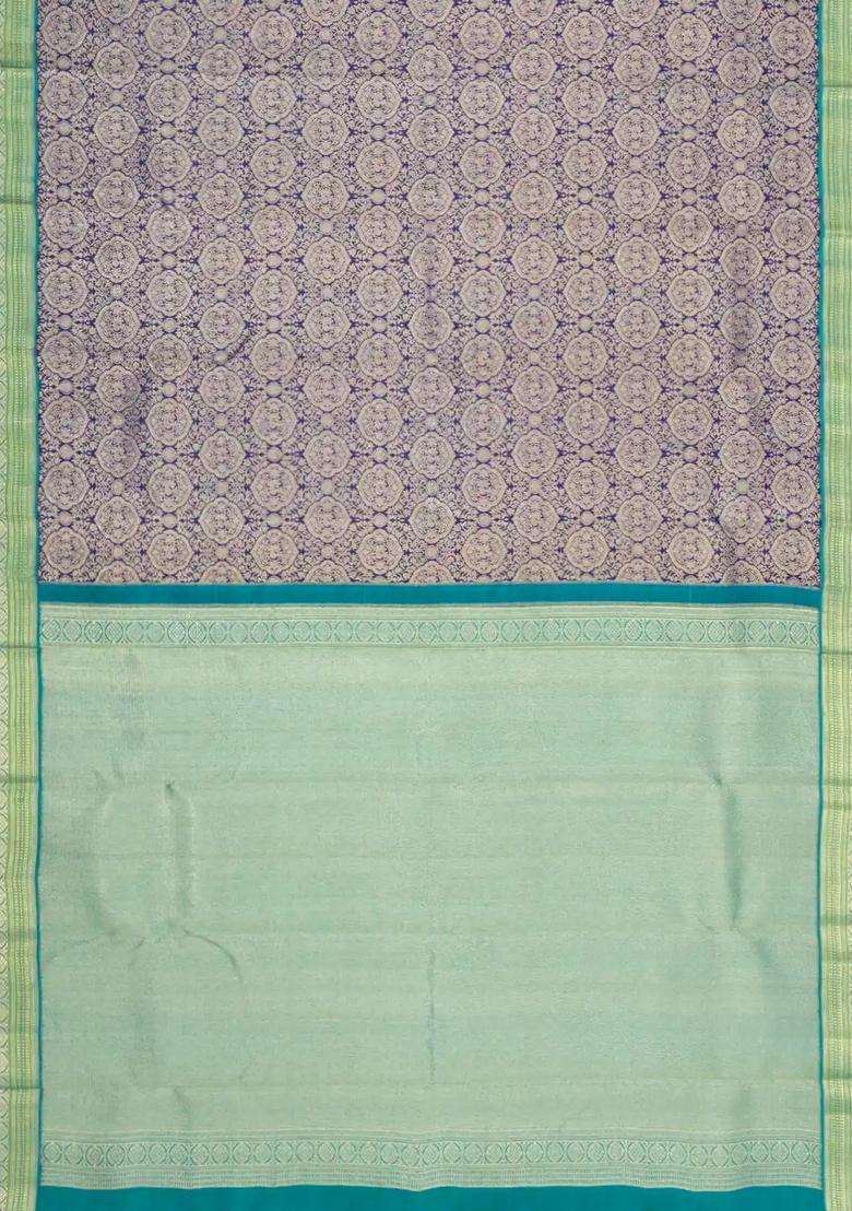 Blue Handloom Korvai Kanchipuram Silk Saree With Floral Zari Motifs With Korvai And Temple Border Design For Women - Indya