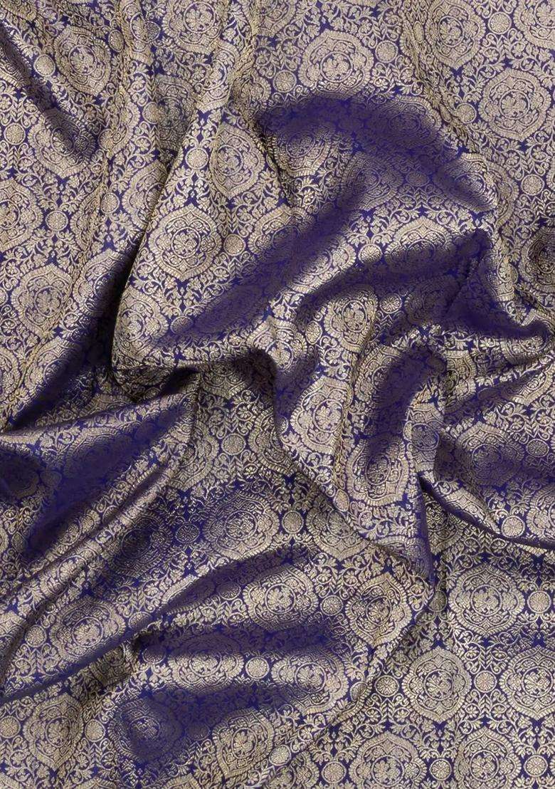 Blue Handloom Korvai Kanchipuram Silk Saree With Floral Zari Motifs With Korvai And Temple Border Design For Women - Indya