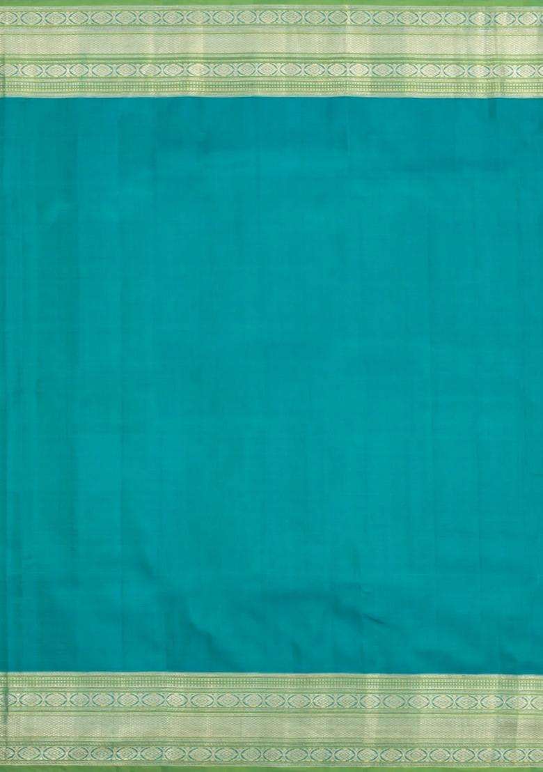 Blue Handloom Korvai Kanchipuram Silk Saree With Floral Zari Motifs With Korvai And Temple Border Design For Women - Indya