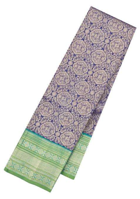 Blue Handloom Korvai Kanchipuram Silk Saree With Floral Zari Motifs With Korvai And Temple Border Design For Women