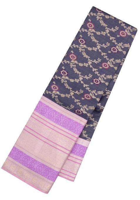 Black Handloom Korvai Kanchipuram Silk Saree With Floral Zari Motifs With Korvai And Temple Border Design For Women