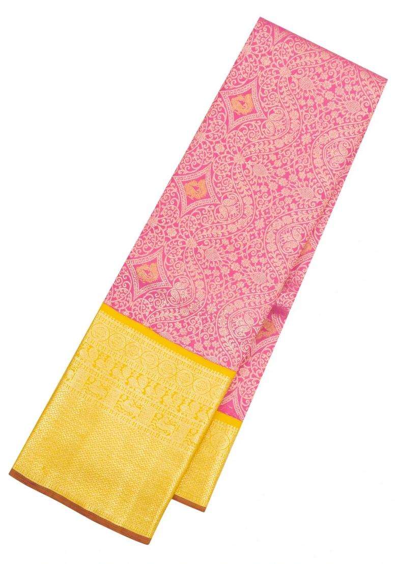 Pink Handloom Korvai Kanchipuram Silk Saree With Floral Zari Motifs With Korvai And Temple Border Design For Women - Indya