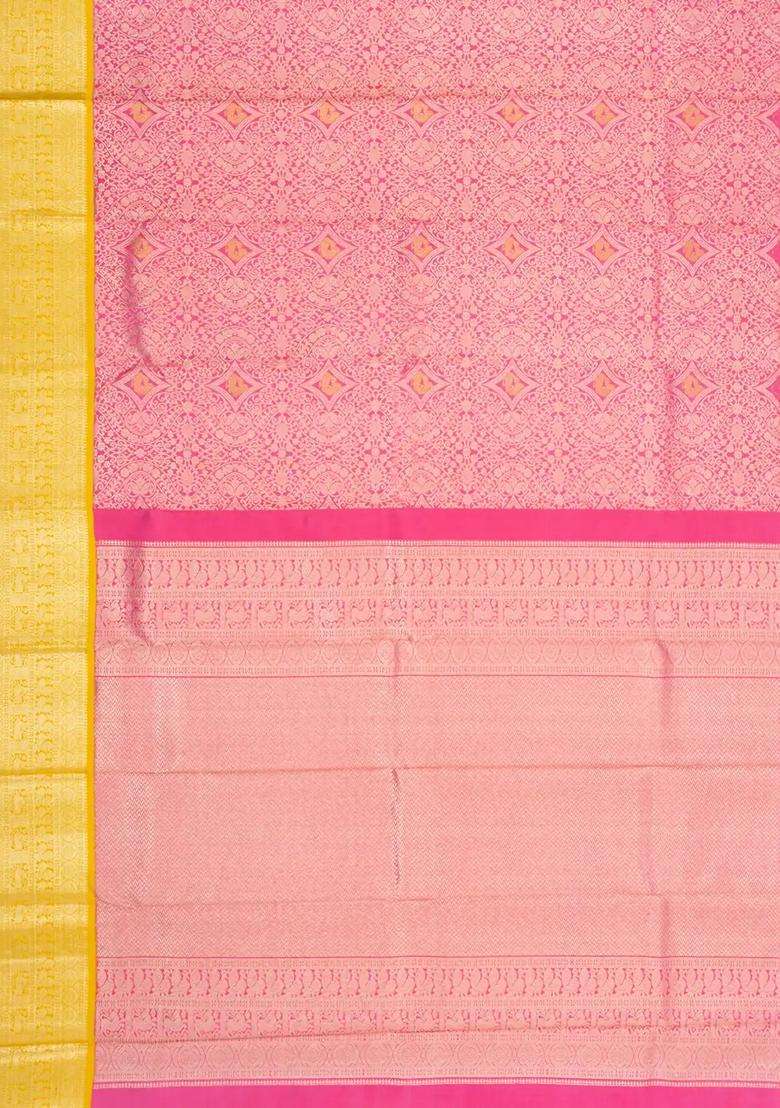 Pink Handloom Korvai Kanchipuram Silk Saree With Floral Zari Motifs With Korvai And Temple Border Design For Women - Indya