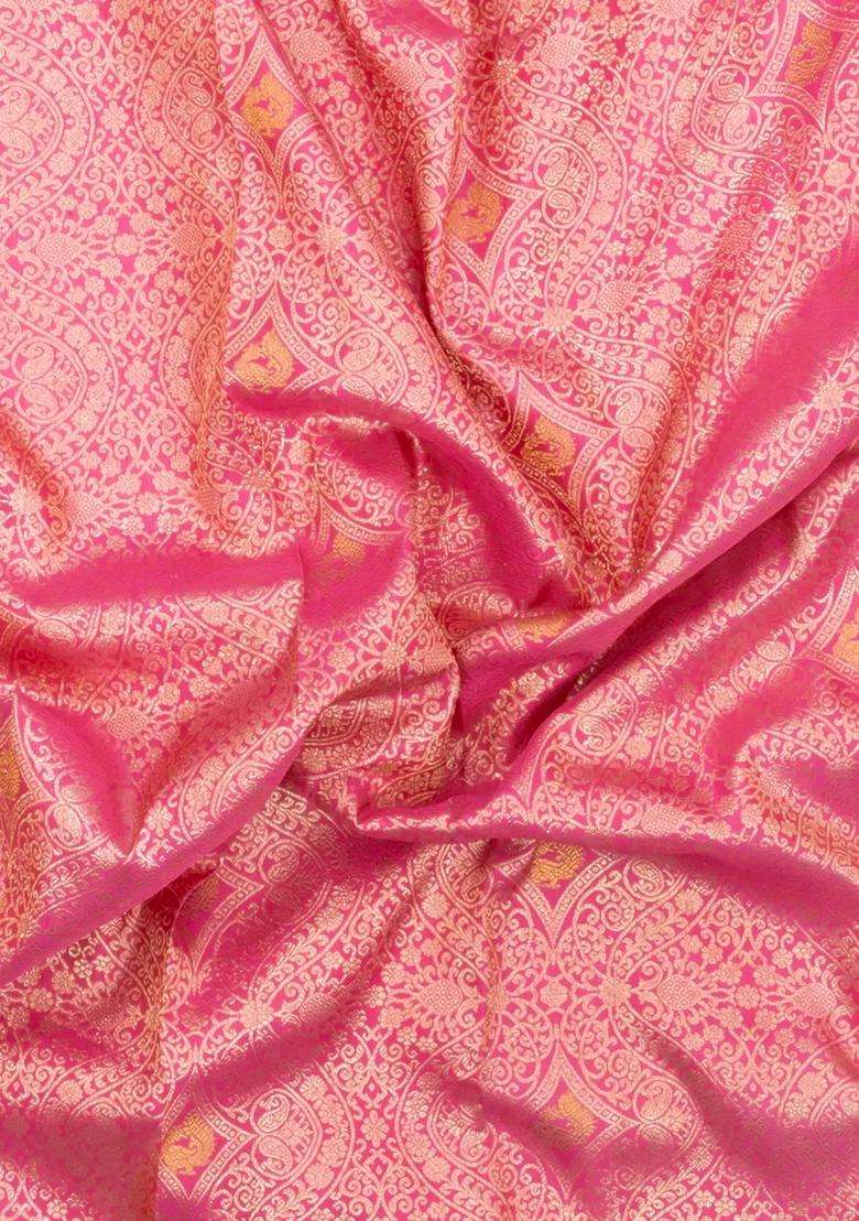 Pink Handloom Korvai Kanchipuram Silk Saree With Floral Zari Motifs With Korvai And Temple Border Design For Women - Indya
