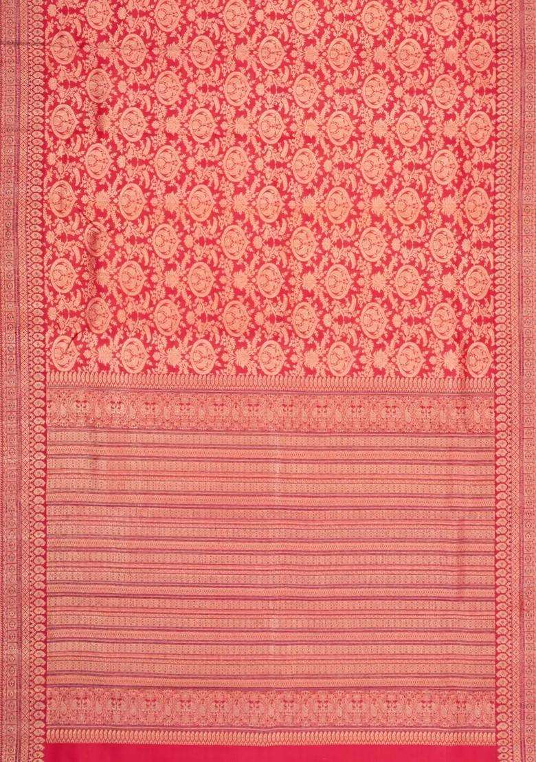 Red Handloom Kanchipuram Silk Saree With Floral Zari Motifs With Buttas And Brocade Design For Women - Indya