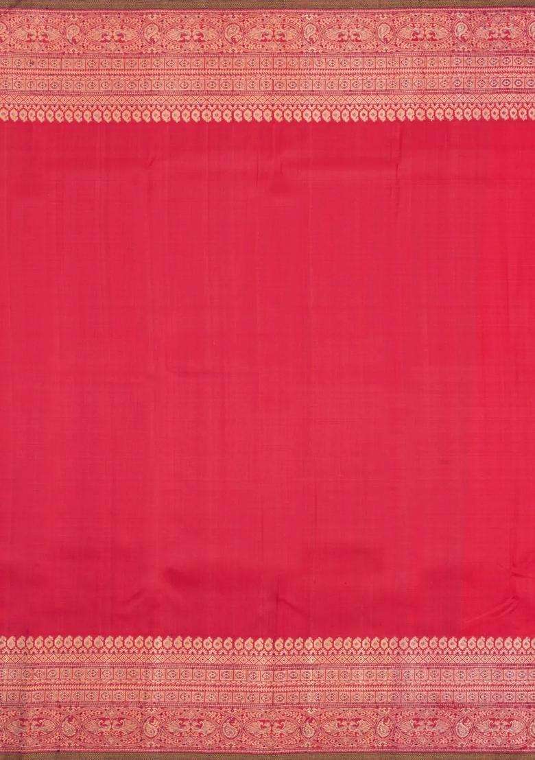 Red Handloom Kanchipuram Silk Saree With Floral Zari Motifs With Buttas And Brocade Design For Women - Indya