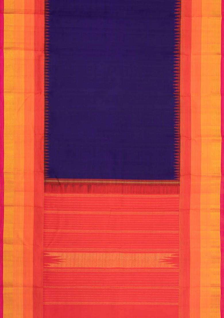 Navy Blue Handloom Korvai Kanchipuram Silk Saree With Contrast Stripes Border With Korvai And Temple Border Design For Women - Indya