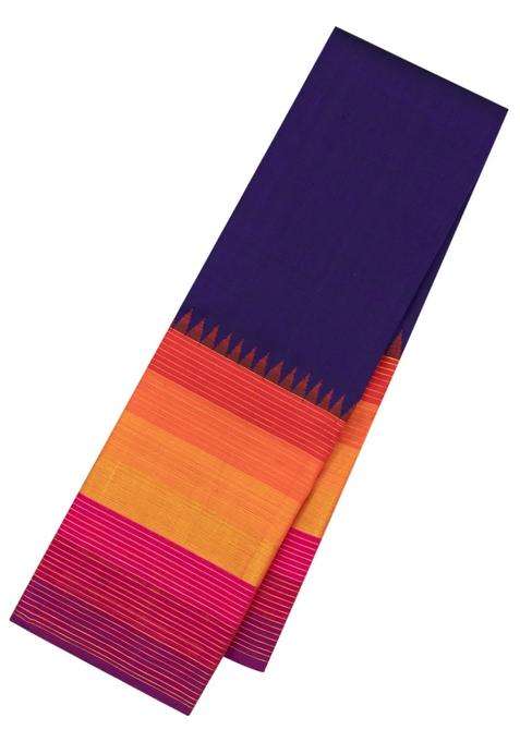 Navy Blue Handloom Korvai Kanchipuram Silk Saree With Contrast Stripes Border With Korvai And Temple Border Design For Women