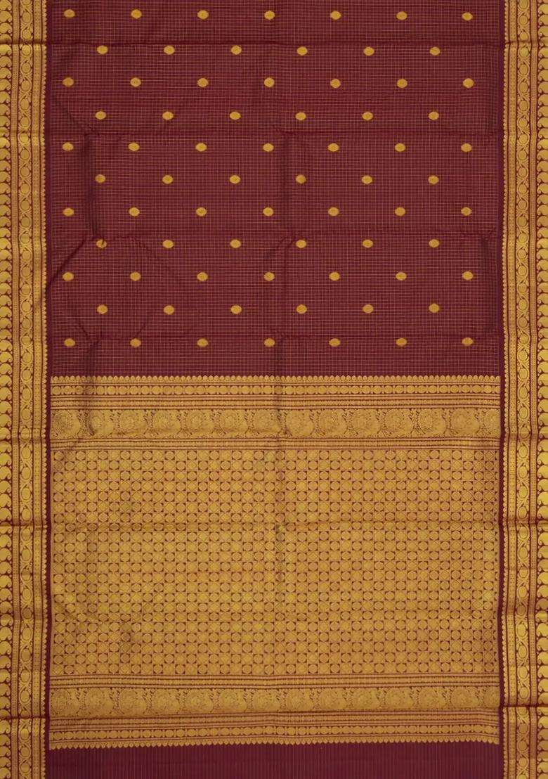 Dark Brown Handloom Kanchipuram Silk Saree With Zari Checks Buttas With Buttas And Brocade Design For Women - Indya