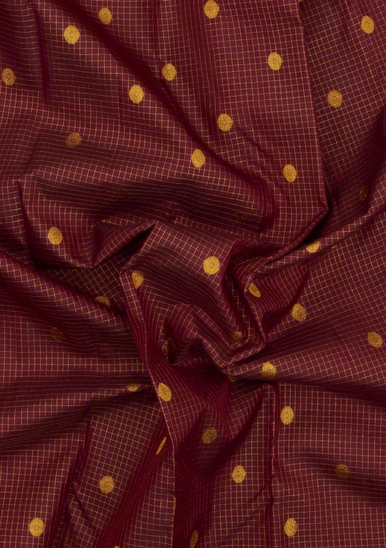 Dark Brown Handloom Kanchipuram Silk Saree With Zari Checks Buttas With Buttas And Brocade Design For Women - Indya