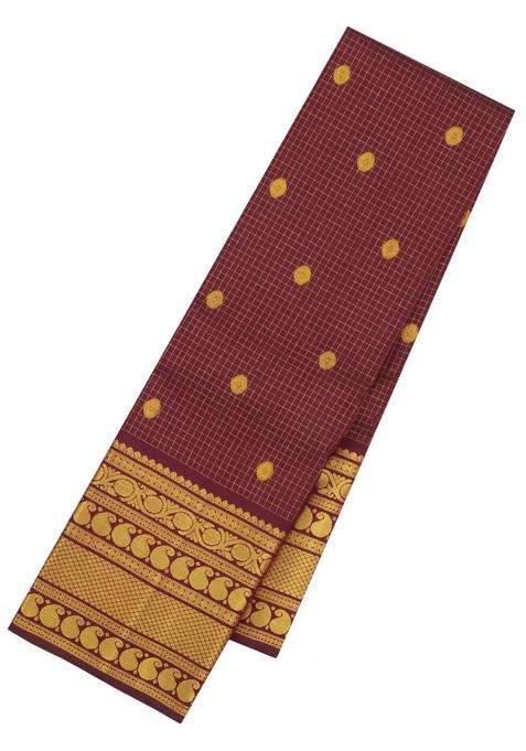 Dark Brown Handloom Kanchipuram Silk Saree With Zari Checks Buttas With Buttas And Brocade Design For Women