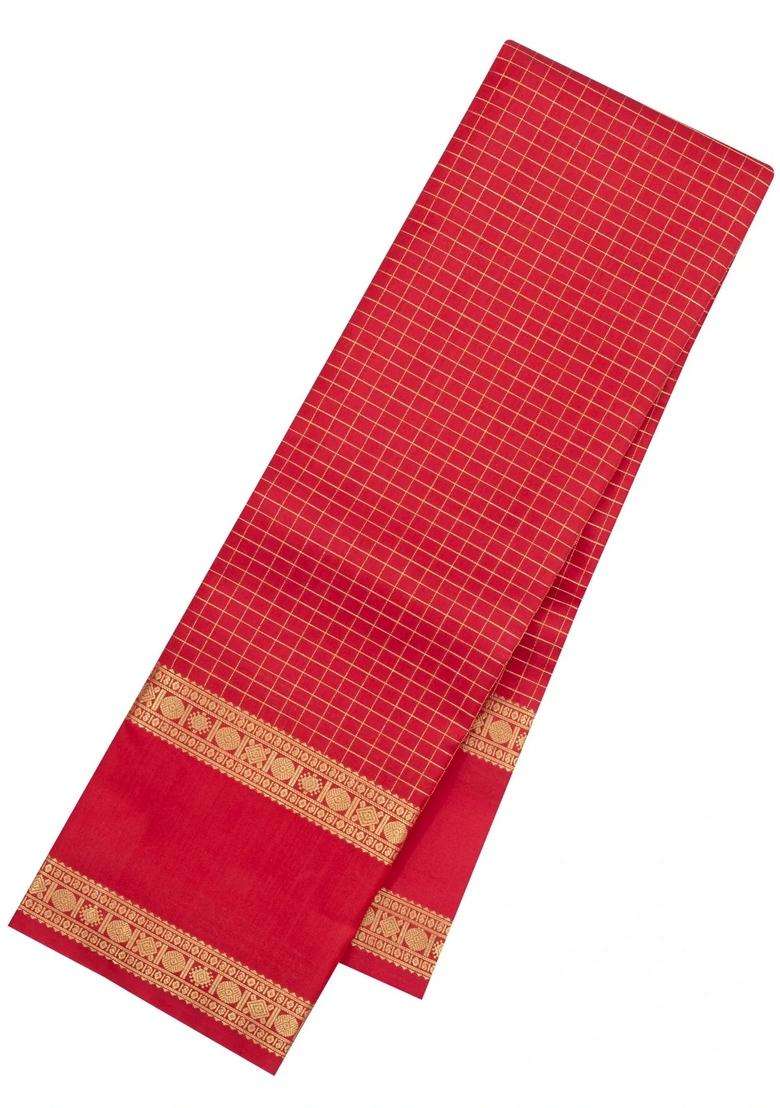 Red Handloom Kanchipuram Silk Saree With Zari Checks With Checks And Stripes Design For Women - Indya