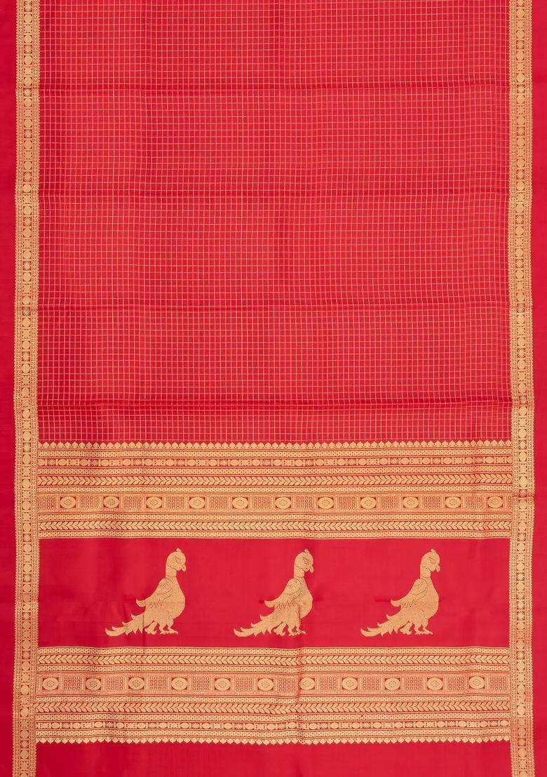 Red Handloom Kanchipuram Silk Saree With Zari Checks With Checks And Stripes Design For Women - Indya