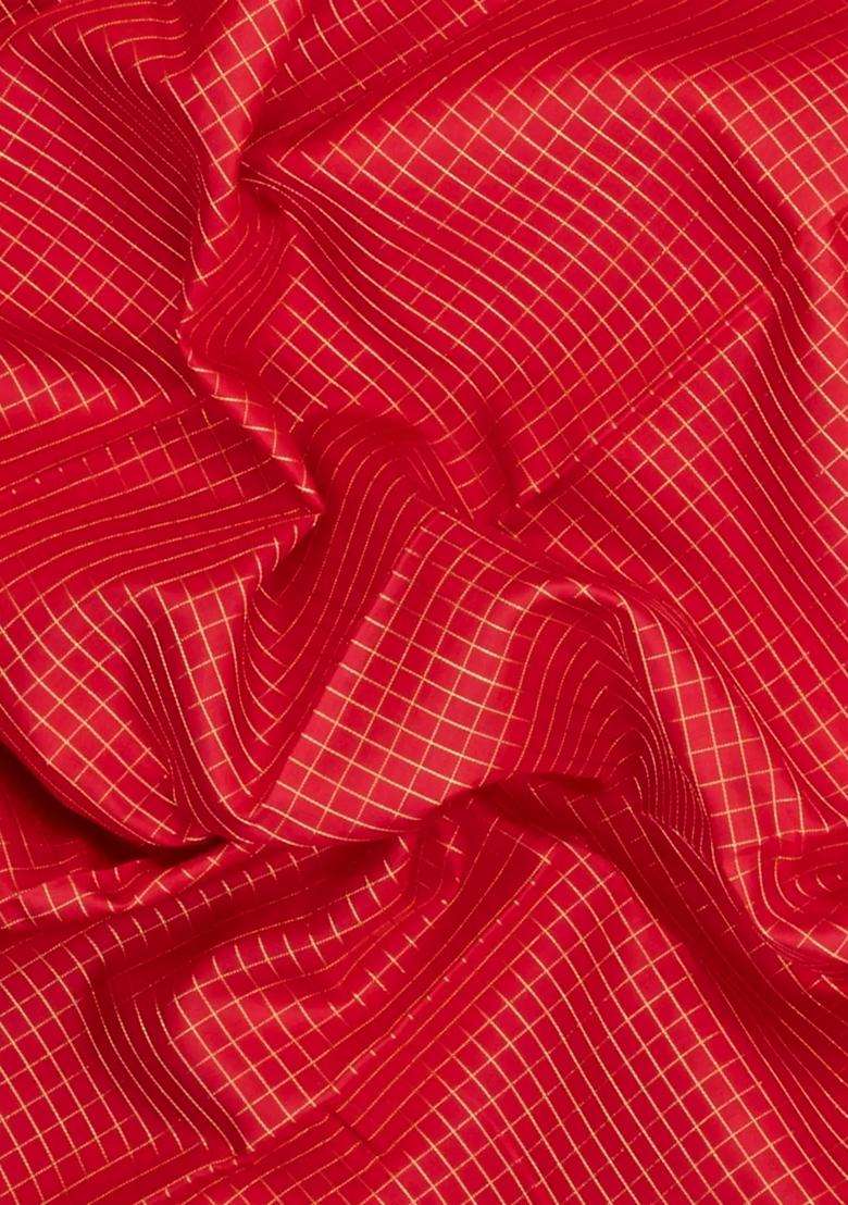 Red Handloom Kanchipuram Silk Saree With Zari Checks With Checks And Stripes Design For Women - Indya