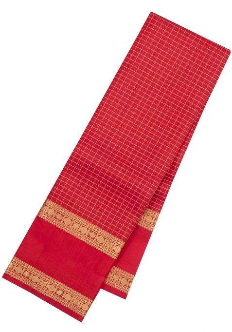 Red Handloom Kanchipuram Silk Saree With Zari Checks With Checks And Stripes Design For Women