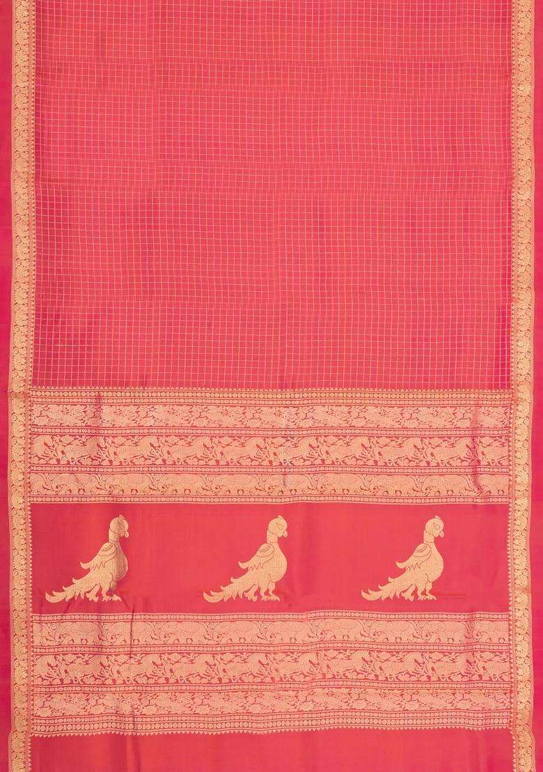 Peach Handloom Kanchipuram Silk Saree With Zari Checks With Checks And Stripes Design For Women - Indya