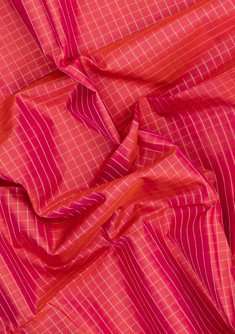 Peach Handloom Kanchipuram Silk Saree With Zari Checks With Checks And Stripes Design For Women - Indya