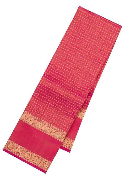 Peach Handloom Kanchipuram Silk Saree With Zari Checks With Checks And Stripes Design For Women