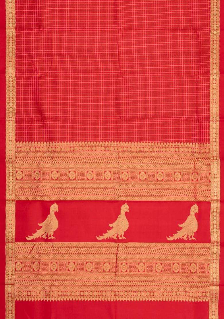 Red Handloom Kanchipuram Silk Saree With Zari Checks With Checks And Stripes Design For Women - Indya