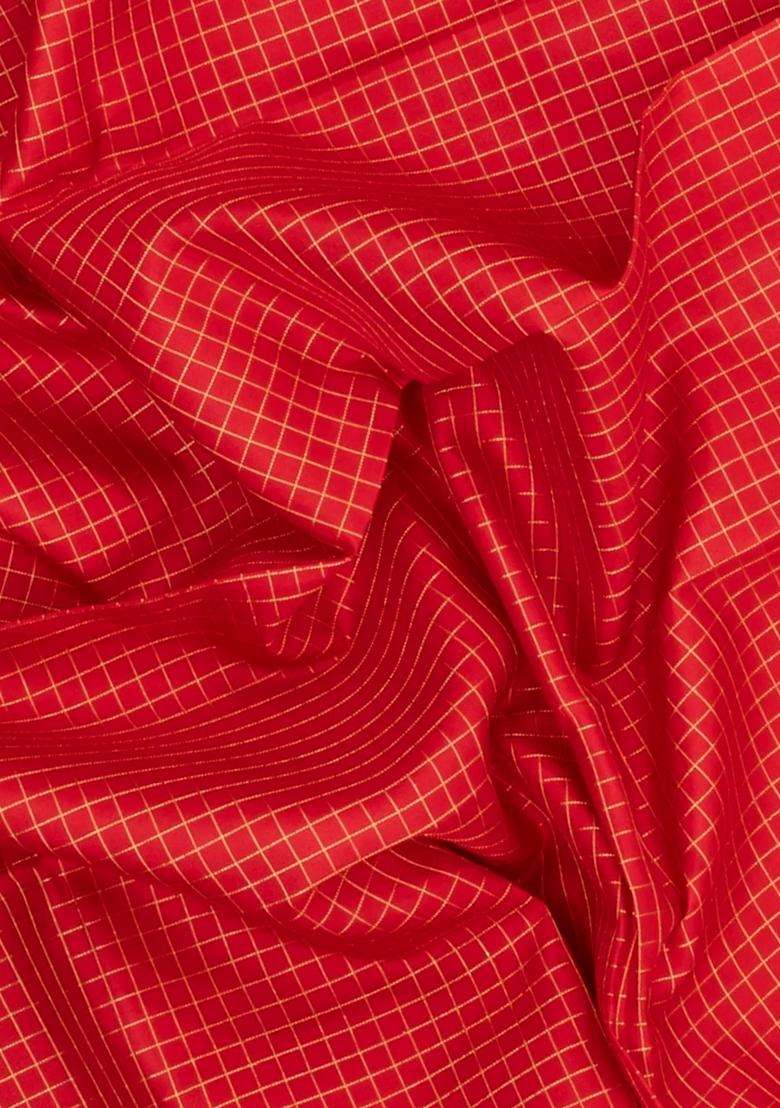Red Handloom Kanchipuram Silk Saree With Zari Checks With Checks And Stripes Design For Women - Indya