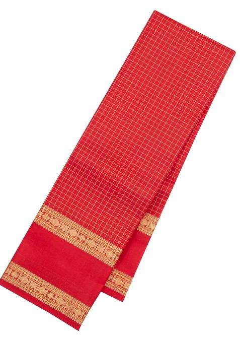 Red Handloom Kanchipuram Silk Saree With Zari Checks With Checks And Stripes Design For Women