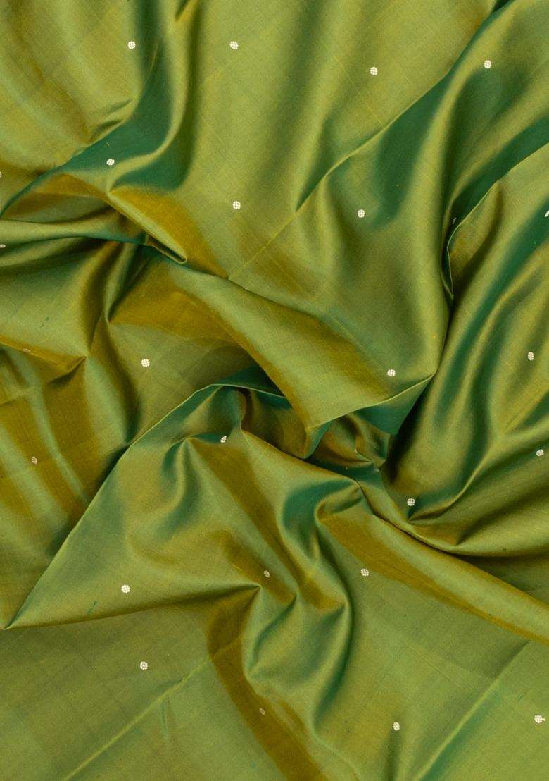Leafy Green Handloom Kanchipuram Silk Saree With Buttas With Buttas And Brocade Design For Women - Indya