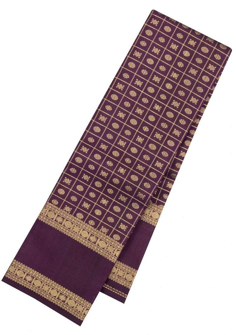 Dark Burgundy Handloom Kanchipuram Silk Saree With Zari Checks Buttas With Buttas And Brocade Design For Women - Indya