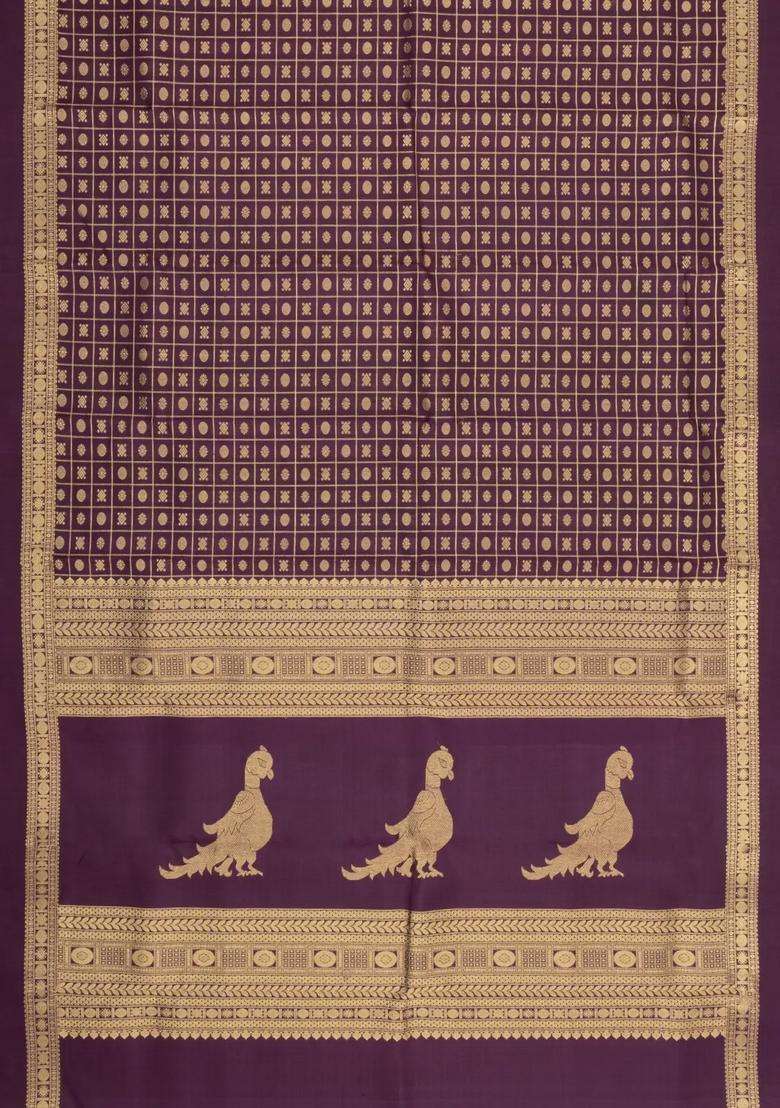 Dark Burgundy Handloom Kanchipuram Silk Saree With Zari Checks Buttas With Buttas And Brocade Design For Women - Indya