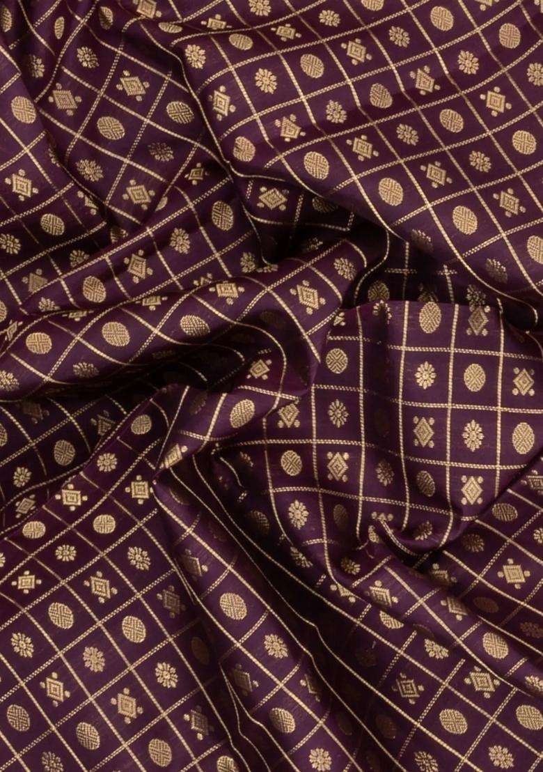 Dark Burgundy Handloom Kanchipuram Silk Saree With Zari Checks Buttas With Buttas And Brocade Design For Women - Indya