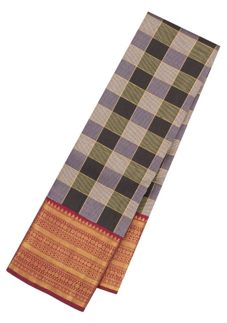 Black Green Handloom Korvai Kanchipuram Silk Saree With Checks With Korvai And Temple Border Design For Women - Indya