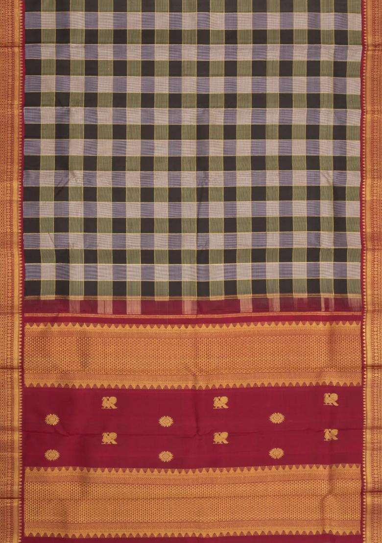 Black Green Handloom Korvai Kanchipuram Silk Saree With Checks With Korvai And Temple Border Design For Women - Indya