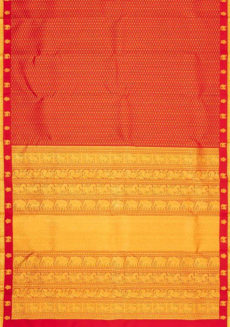 Red Handloom Kanchipuram Silk Saree With Zari Stripes Motifs With Checks And Stripes Design For Women - Indya