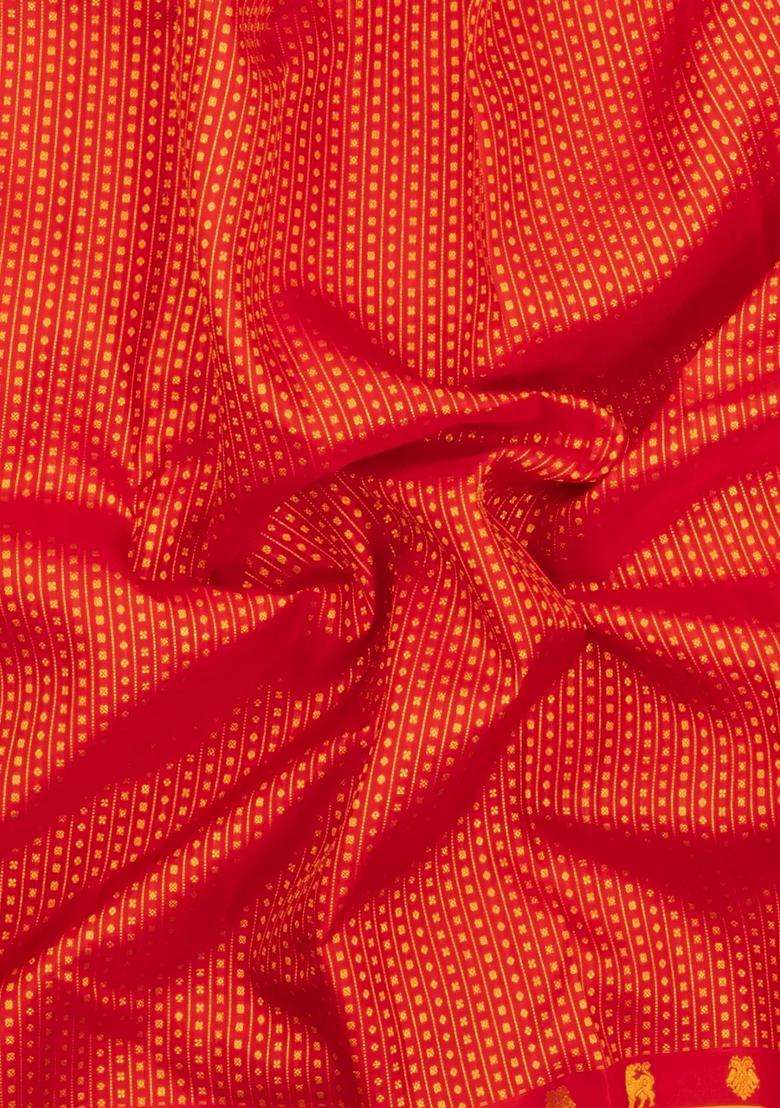 Red Handloom Kanchipuram Silk Saree With Zari Stripes Motifs With Checks And Stripes Design For Women - Indya