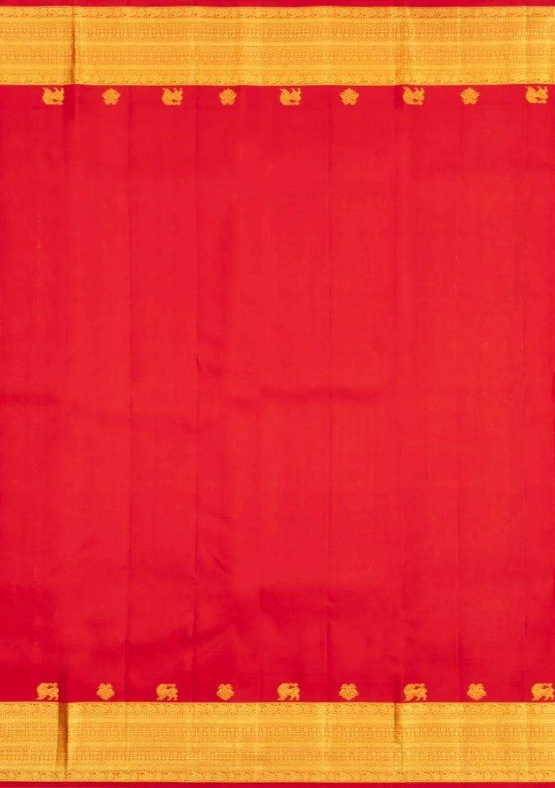 Red Handloom Kanchipuram Silk Saree With Zari Stripes Motifs With Checks And Stripes Design For Women - Indya